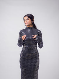Silver Stripped Nylon Metallic Sequin Long Sleeve Bodycon Maxi Dress