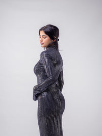 Silver Stripped Nylon Metallic Sequin Long Sleeve Bodycon Maxi Dress
