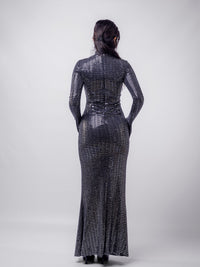 Silver Stripped Nylon Metallic Sequin Long Sleeve Bodycon Maxi Dress