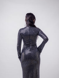 Silver Stripped Nylon Metallic Sequin Long Sleeve Bodycon Maxi Dress