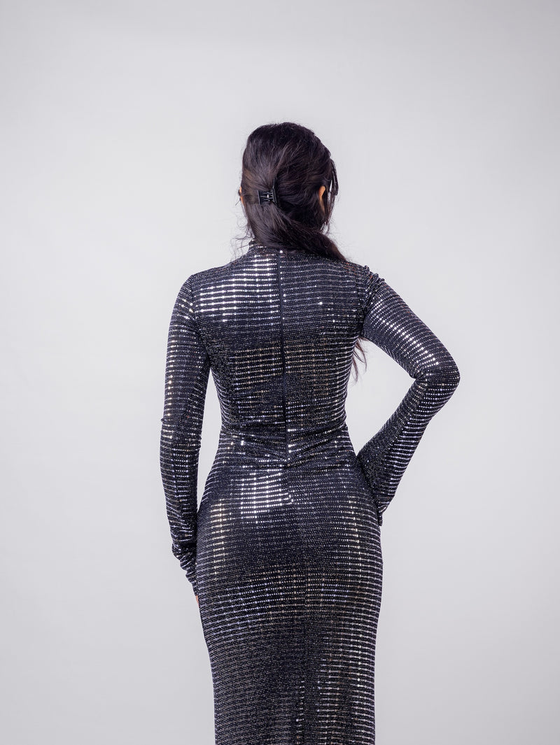 Silver Stripped Nylon Metallic Sequin Long Sleeve Bodycon Maxi Dress