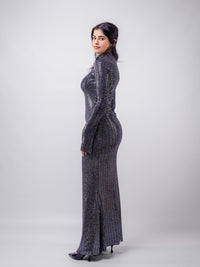 Silver Stripped Nylon Metallic Sequin Long Sleeve Bodycon Maxi Dress