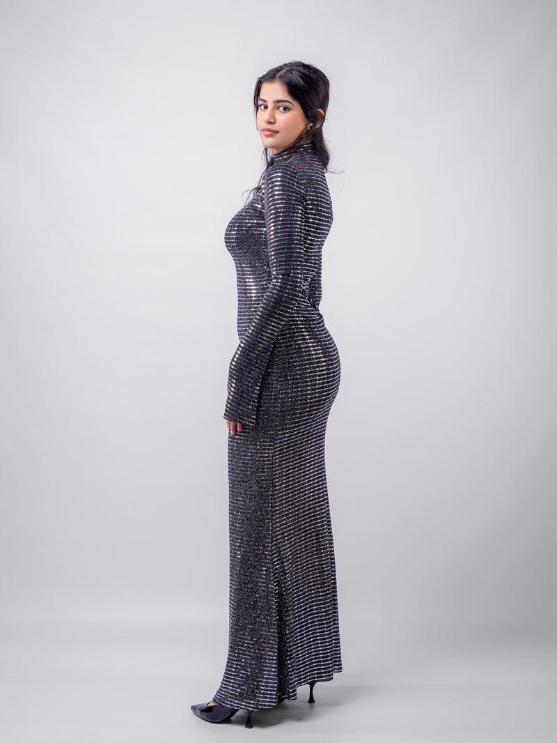 Silver Stripped Nylon Metallic Sequin Long Sleeve Bodycon Maxi Dress