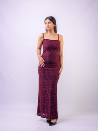 Wine Thin Adjustable Straps Jacquard Bodycon Formal Evening Maxi Dress