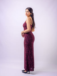 Wine Thin Adjustable Straps Jacquard Bodycon Formal Evening Maxi Dress