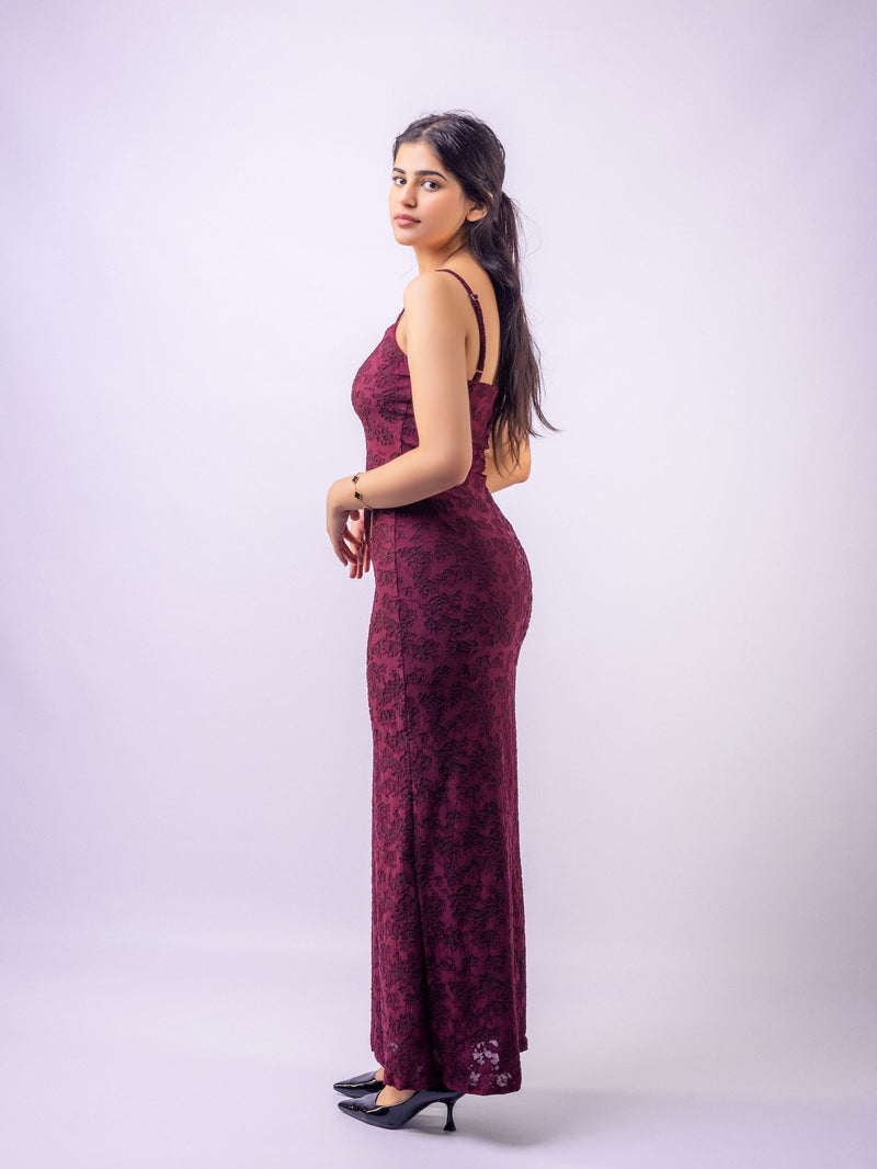 Wine Thin Adjustable Straps Jacquard Bodycon Formal Evening Maxi Dress