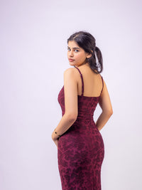 Wine Thin Adjustable Straps Jacquard Bodycon Formal Evening Maxi Dress