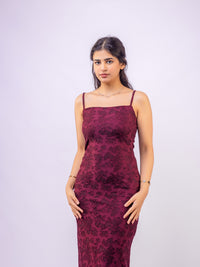 Wine Thin Adjustable Straps Jacquard Bodycon Formal Evening Maxi Dress