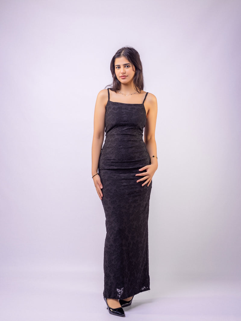 Black Thin Adjustable Straps Jacquard Bodycon Formal Evening Maxi Dress