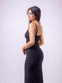 Black Thin Adjustable Straps Jacquard Bodycon Formal Evening Maxi Dress