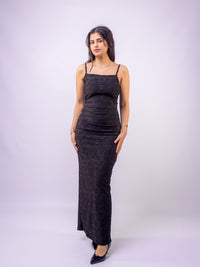 Black Thin Adjustable Straps Jacquard Bodycon Formal Evening Maxi Dress