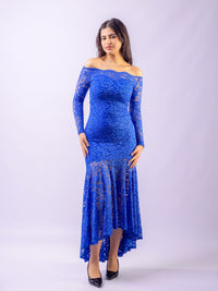 Royal Blue Floral Bodycon Lace Off-Shoulder Maxi Dress