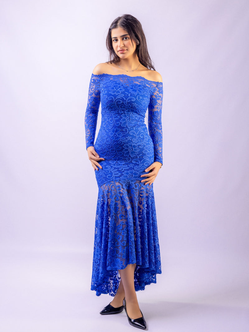 Royal Blue Floral Bodycon Lace Off-Shoulder Maxi Dress