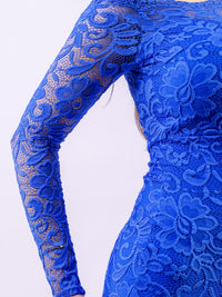 Royal Blue Floral Bodycon Lace Off-Shoulder Maxi Dress