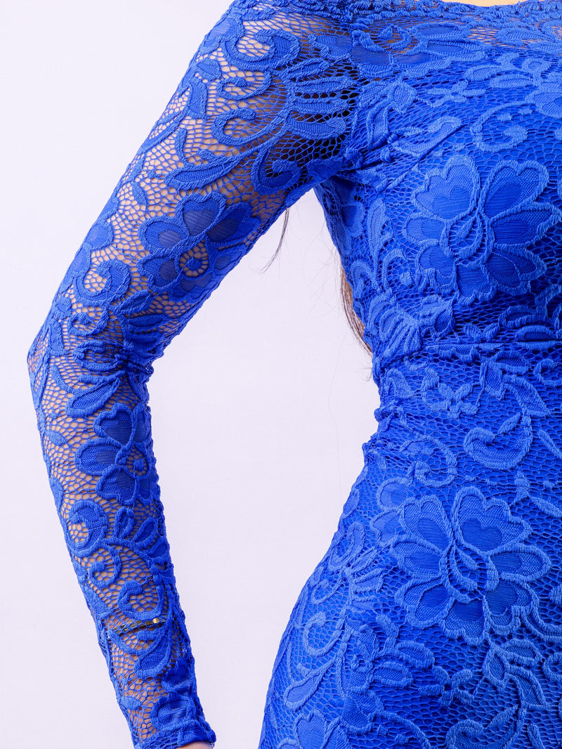 Royal Blue Floral Bodycon Lace Off-Shoulder Maxi Dress