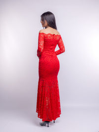 Red Floral Bodycon Lace Off-Shoulder Maxi Dress