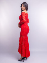 Red Floral Bodycon Lace Off-Shoulder Maxi Dress