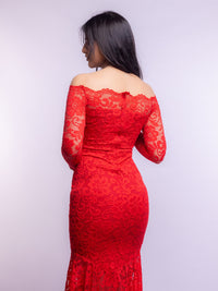 Red Floral Bodycon Lace Off-Shoulder Maxi Dress
