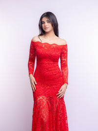 Red Floral Bodycon Lace Off-Shoulder Maxi Dress