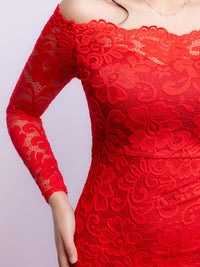 Red Floral Bodycon Lace Off-Shoulder Maxi Dress