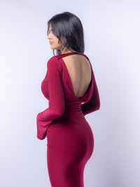 Wine Backless Slinky Knot Waist Bodycon Maxi Dress