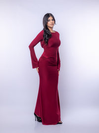 Wine Backless Slinky Knot Waist Bodycon Maxi Dress