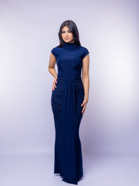 Navy Cap Sleeve Jersey Ruched Waist Maxi Style Evening Gown