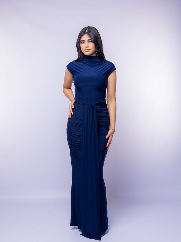 Navy Cap Sleeve Jersey Ruched Waist Maxi Style Evening Gown