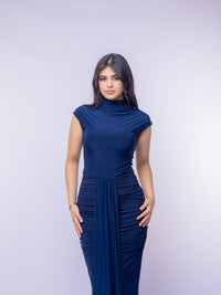 Navy Cap Sleeve Jersey Ruched Waist Maxi Style Evening Gown