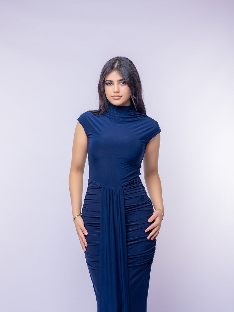 Navy Cap Sleeve Jersey Ruched Waist Maxi Style Evening Gown