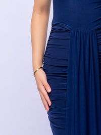 Navy Cap Sleeve Jersey Ruched Waist Maxi Style Evening Gown