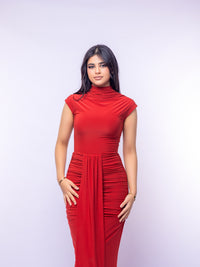 Rust Cap Sleeve Jersey Ruched Waist Maxi Style Evening Gown