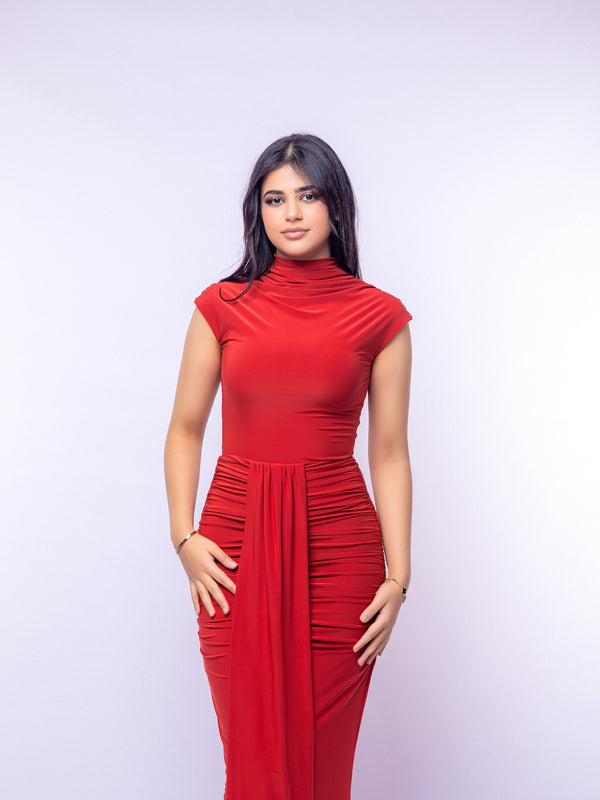 Rust Cap Sleeve Jersey Ruched Waist Maxi Style Evening Gown