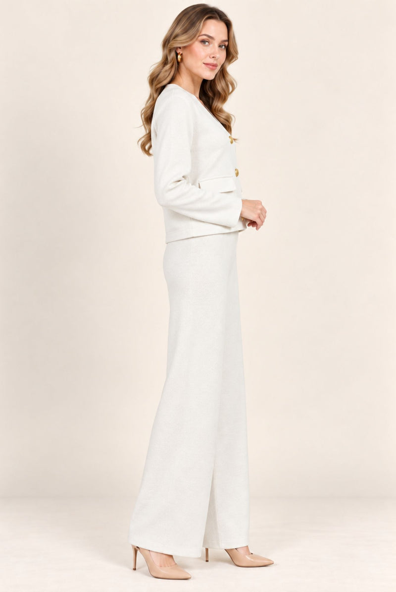 Ivory Blazer Style Top & Wide Leg Trousers Co-Ord Set