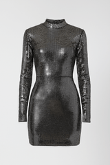 Silver Metallic Sequin Long Sleeve Bodycon Mini Dress