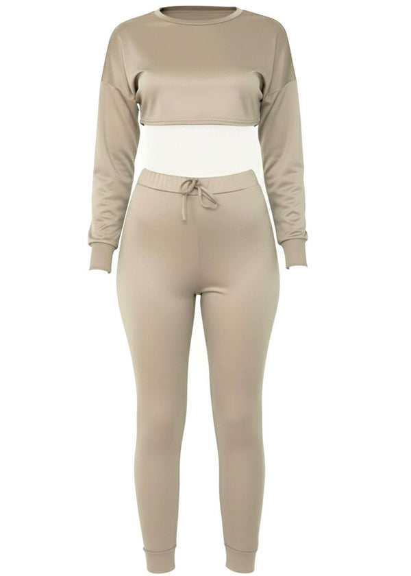 Khaki Green Long Sleeve Crop Top & Leggings Set