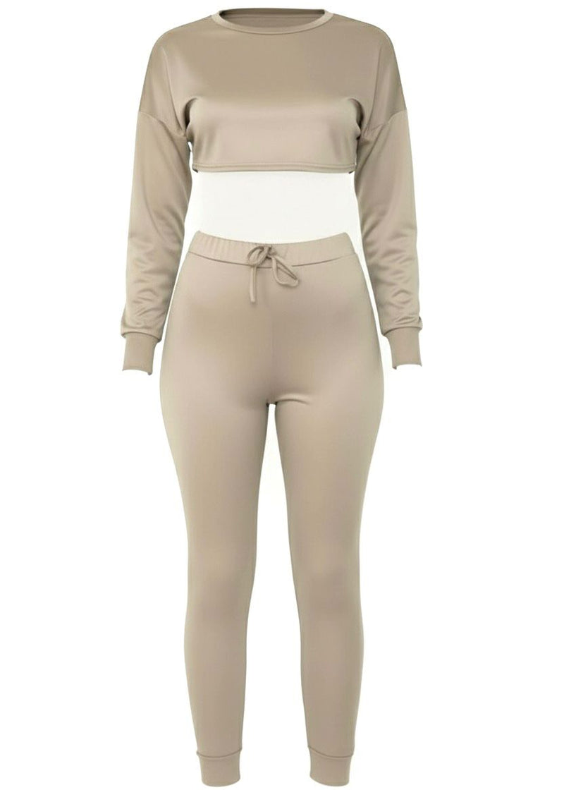 Khaki Green Long Sleeve Crop Top & Leggings Set