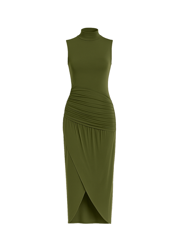 Khaki Ruched Slim Fit Jersey Sleeveless Midi Dress