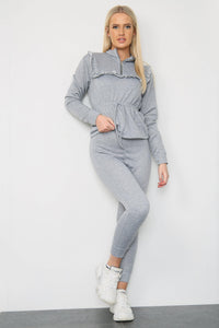 Light Grey Long Sleeve Lounge Top Adjustable Waist With Frill Accents