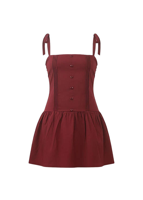 Maroon Button-Down Strap Mini Dress Bodice & Flared Hem