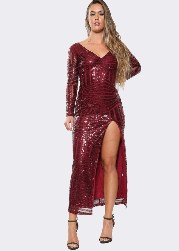 Maroon Glitter Sequin Maxi Dress With Long Sleeves And Front Split