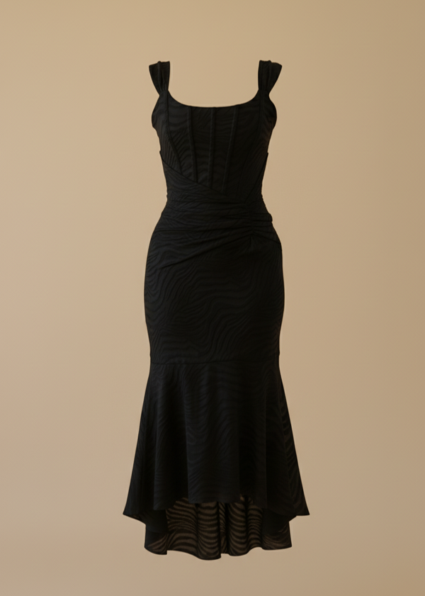 Black Mermaid Ruched Waist Sleeveless Flared Hi-Low Hem Dress
