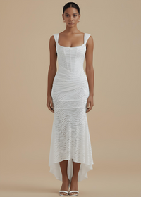 White Mermaid Ruched Waist Sleeveless Flared Hi-Low Hem Dress