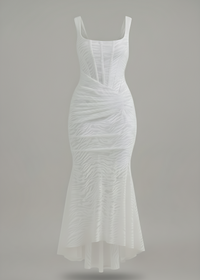 White Mermaid Ruched Waist Sleeveless Flared Hi-Low Hem Dress