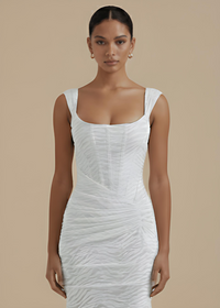 White Mermaid Ruched Waist Sleeveless Flared Hi-Low Hem Dress
