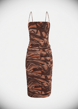 Avinci abstract mesh bodycon side drawstring midi dress front view brown color