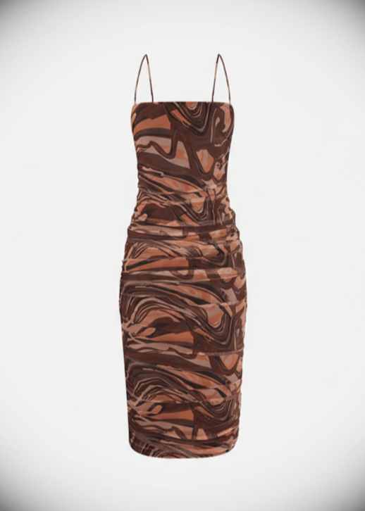 Avinci abstract mesh bodycon side drawstring midi dress front view brown color
