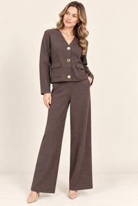 Brown Blazer Style Top & Wide Leg Trousers Co-Ord Set