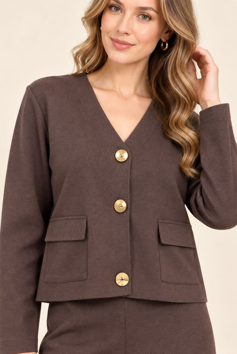 Brown Blazer Style Top & Wide Leg Trousers Co-Ord Set