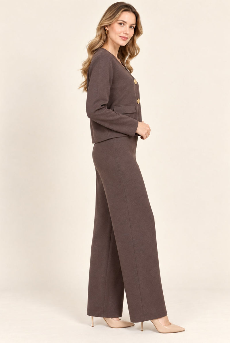 Brown Blazer Style Top & Wide Leg Trousers Co-Ord Set